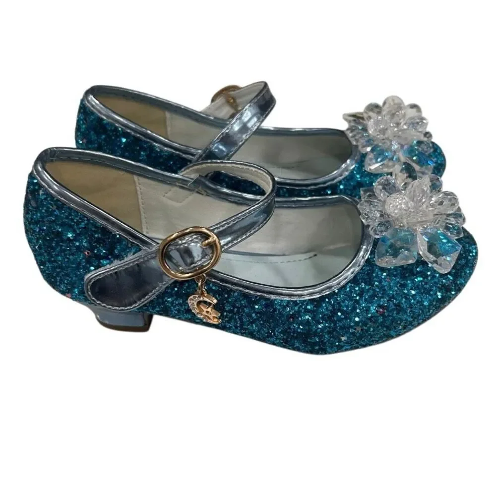 NWOT Jiadowang Dance Shoes Girls Size 31 Blue Glittered Crystal Flower Accent